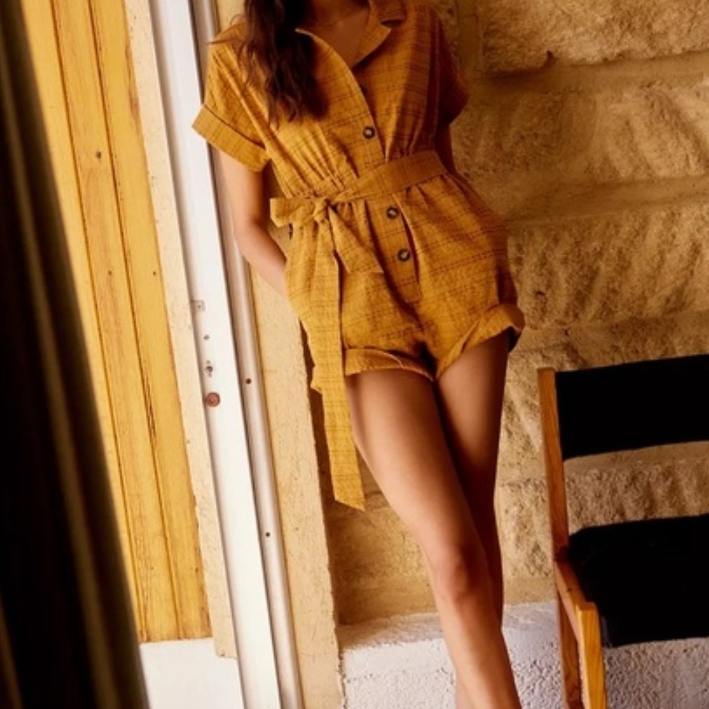 Mustard Yellow Seersucker Romper